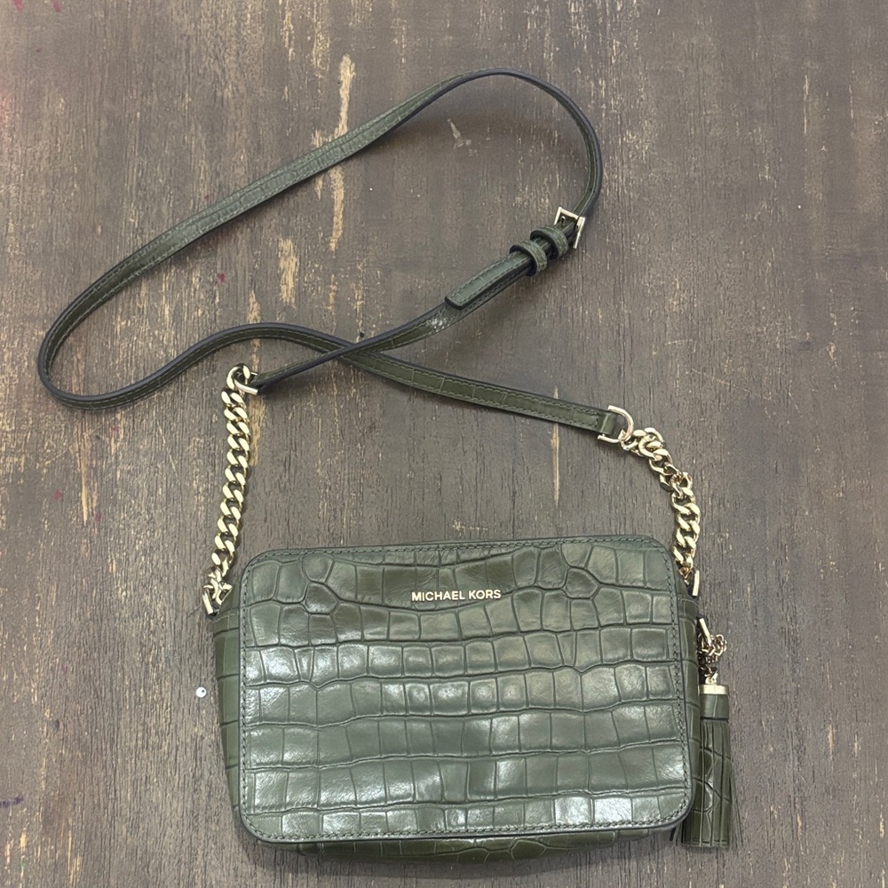 Michael Kors Olive Crocodile-Embossed Crossbody Bag